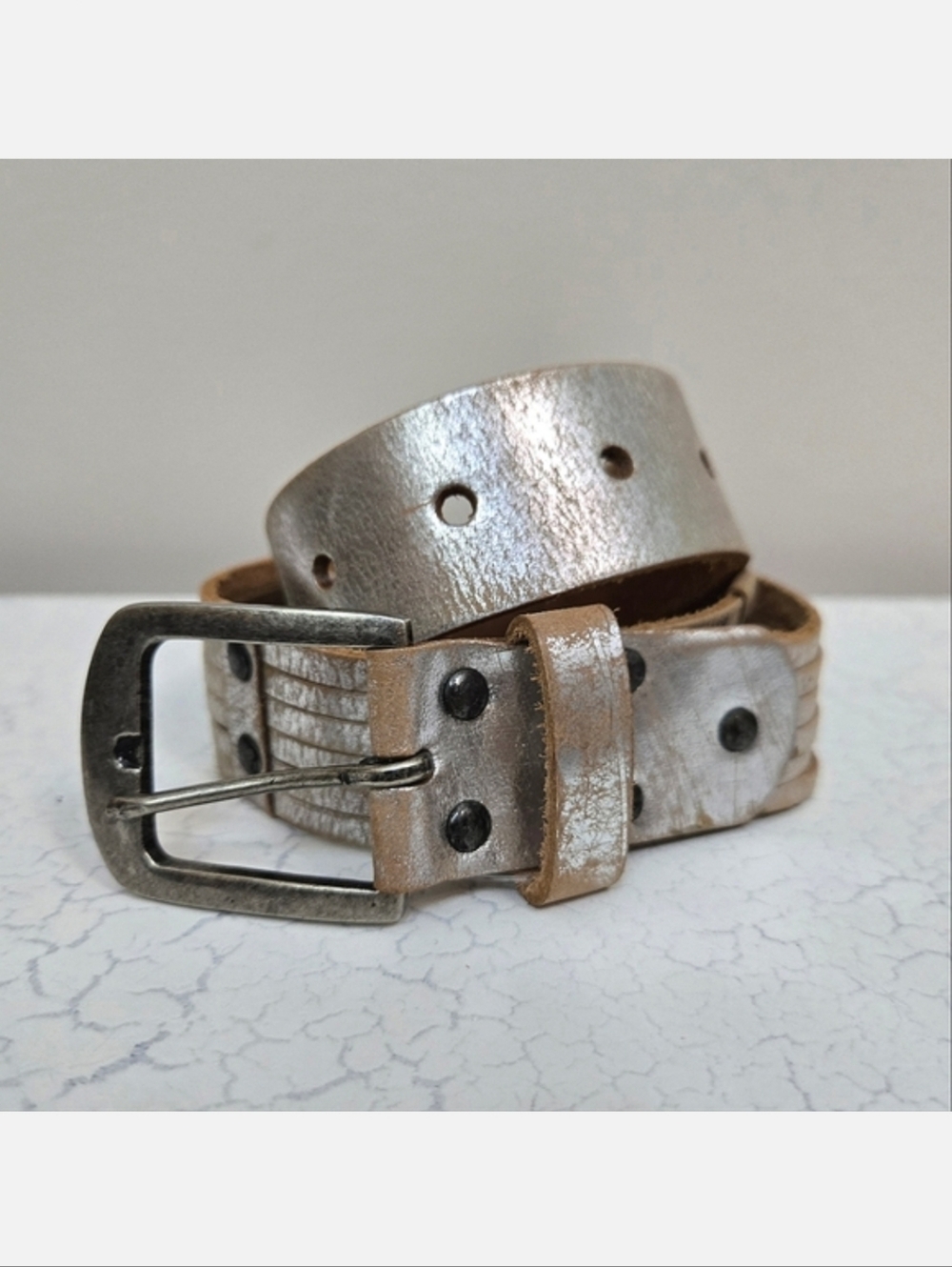 3/$15 Old Navy Kids Silver & Tan Genuine Leather Belt, Size S ~ NWT